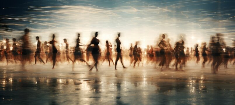Silhouette of crowd people at beach. Vintage old photo effect. Generative AI technology.