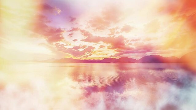 Sunset landscape, lake with beautiful clouds in the background. Light background.