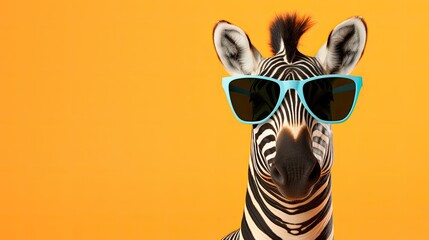 Funny zebra with sunglasses isolated on yellow background. 3d illustration. Banner copy space, Ai generative - obrazy, fototapety, plakaty