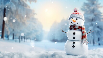 Snowman in winter wonderland: a festive greeting card with copy space