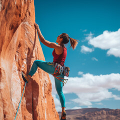 Wspinaczka skałkowa. Kobieta wspina się po skałach w słoneczną pogodę. - obrazy, fototapety, plakaty