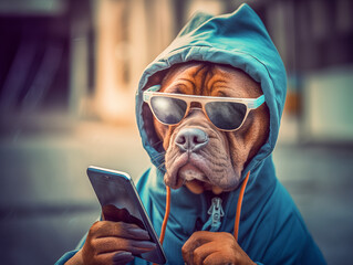 A tech dog in a tracksuit using a smartphone to enhance his workout.
