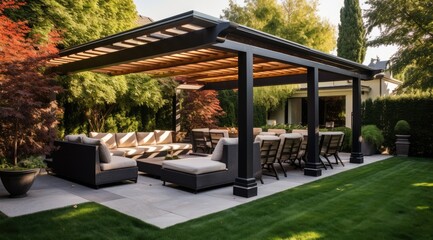 Cozy patio with sofas and a table. Pergola shade over patio. Generative AI