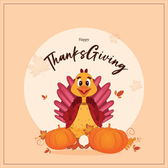 Vector illustration Happy Thanks Giving with turkey and pumpkins light brown background