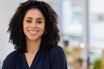 Black woman in business, face and success in portrait with career mindset, job goals and leadership in workplace. Vision, mission and mockup with corporate worker, happy and work in New York office - obrazy, fototapety, plakaty