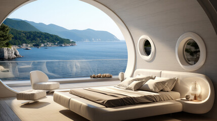 Bedroom has a round window view of the ocean. - obrazy, fototapety, plakaty