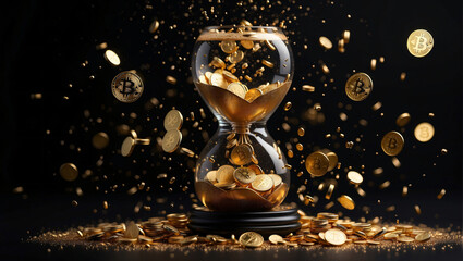 hourglass with sand The idea that time is money, along with bitcoin, 
 - obrazy, fototapety, plakaty