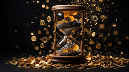 The idea that time is money, along with bitcoin, 
 - obrazy, fototapety, plakaty