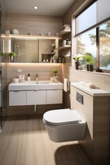 Small bathroom with modern style, Toilet, sink and mirror.