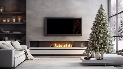 Stylish living room interior, Christmas tree and fireplace. AI Generative. - obrazy, fototapety, plakaty