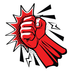 Explosive blow fist, strong punch upward blow, uppercut in comic style. Fist punching, hit strong fist. Vector on transparent background