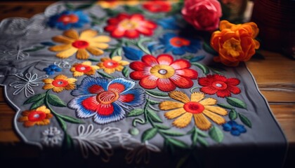 Photo of a Vibrant Floral Close-Up on a Beautifully Patterned Tablecloth