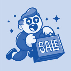 Excited Character Holding Shopping Bag with SALE Text: Monochromatic Promotion and Discount Illustration