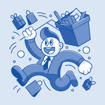 Joyful Character Surrounded by Shopping and Gift boxs: Monochromatic Illustration of Retail and Promotion