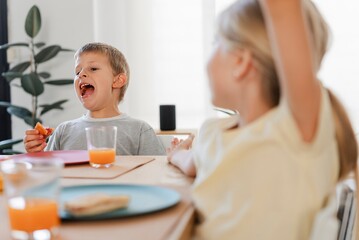 Smiling children looking at each other while sitting at dining table and conversing during breakfast of toasted bread orange juice against sunlit window with curtain potted plant at home