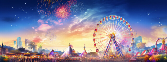 ferris wheel at sunset night, wheel, park, fun, carnival, ferris, amusement, ferris wheel, lights, carousel, fair,  - obrazy, fototapety, plakaty