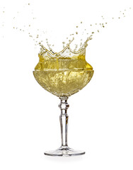 Splashing champagne in an elegant vintage glass isolated on white background. Real studio photo...