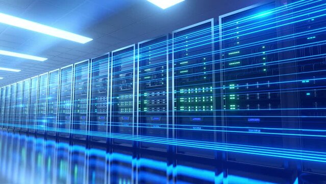 Server room, the camera moves out with a high-speed internet line that has a lot of data running at high speed