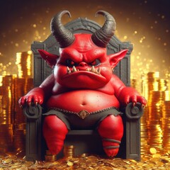 Red demon sitting on a throne with coins 