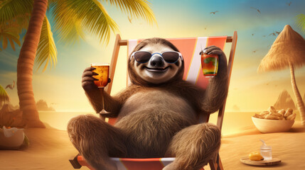 Smiling sloth in a deck chair on the beach. He is holding a cool drink in his hand as lazy man.  - obrazy, fototapety, plakaty