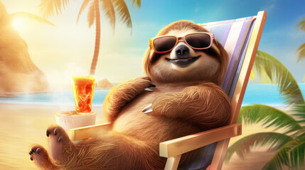 Happy sloth in a deck chair on the beach. Palm tree and sea on background. He is laying as lazy man. - obrazy, fototapety, plakaty