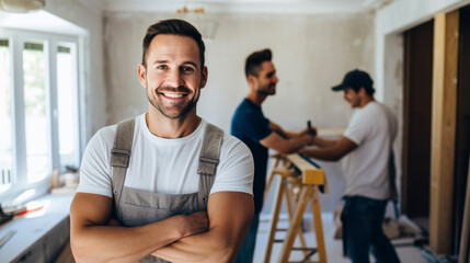 Handsome man​ with​ group of people renovating a house