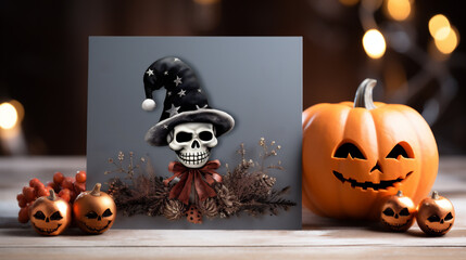 Halloween still life with pumpkin, skull and witch hat on wooden background
