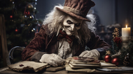 Obraz premium Scary old wizard reading conjure in front of Christmas tree