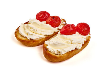 Crostini with cream cheese, isolated on white background. High resolution image.