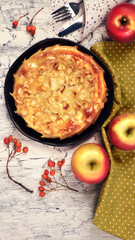 An apple pie on a plate next to two apples.