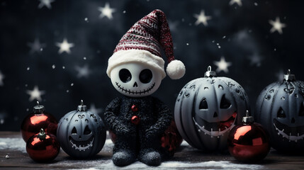 Christmas decoration on wooden background. Black and white image with copy space.