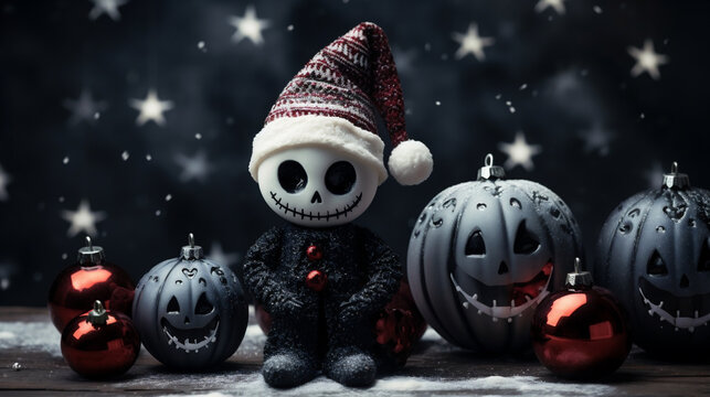 Christmas decoration on wooden background. Black and white image with copy space.