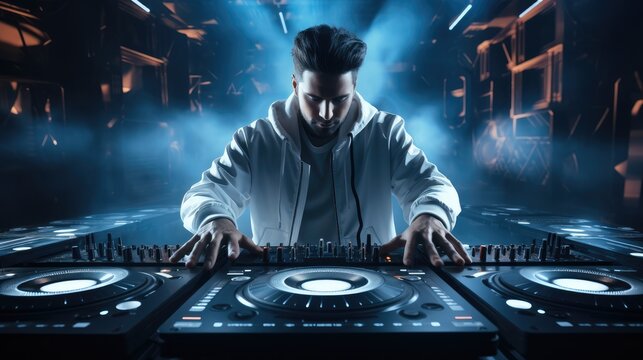 Fashionable diverse DJ playing music inside nightclub.