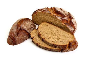 Freshly Baked Homemade Bread slices, close-up, isolated on a white background.