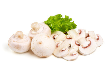 Many fresh champignon mushrooms, isolated on white background.