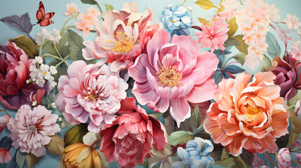 A floral-themed wallpaper bursting with vivid, multicolored blooms. It brings the beauty of a garden into any room, offering a fresh and lively ambiance.