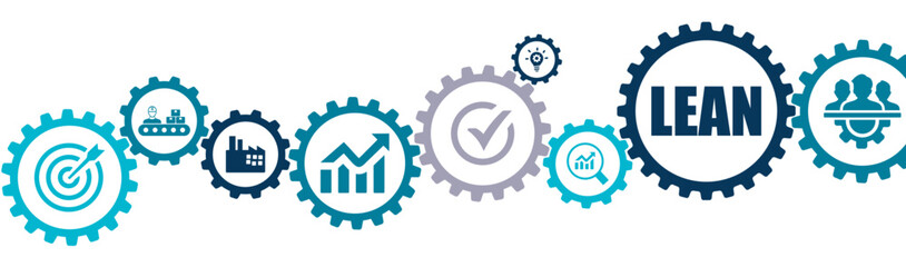 Lean manufacturing banner vector illustration with the icons of six sigma management, quality standard, industry, continuous improvements, reduce waste, improve productivity, efficiency, keizen