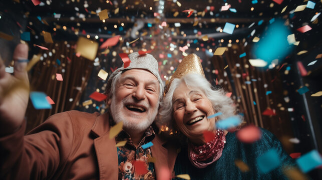 Group of old people having fun and enjoying New Year night together celebrating with sparklers and funny accessories - happy lifestyle.   Elderly people lifestyle and holidays concept. Generative AI. 