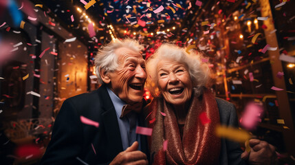 Group of old people having fun and enjoying New Year night together celebrating with sparklers and funny accessories - happy lifestyle.   Elderly people lifestyle and holidays concept. Generative AI. 