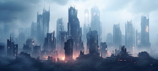 Misty cyberpunk city skyline. Generative AI technology.