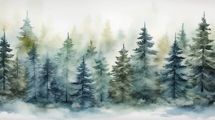 Fototapeta na wymiar Green spruce forest. Imitation of watercolor. Ate in the fog