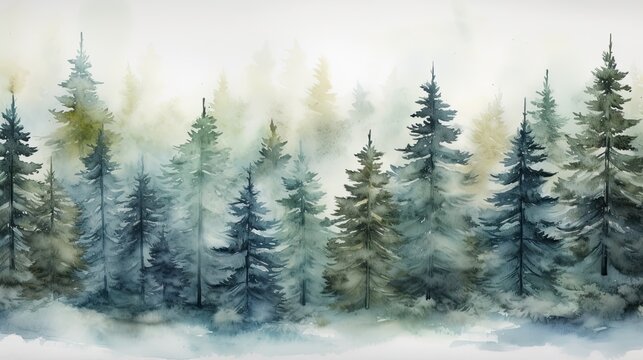 Green spruce forest. Imitation of watercolor. Ate in the fog © Diana Galieva
