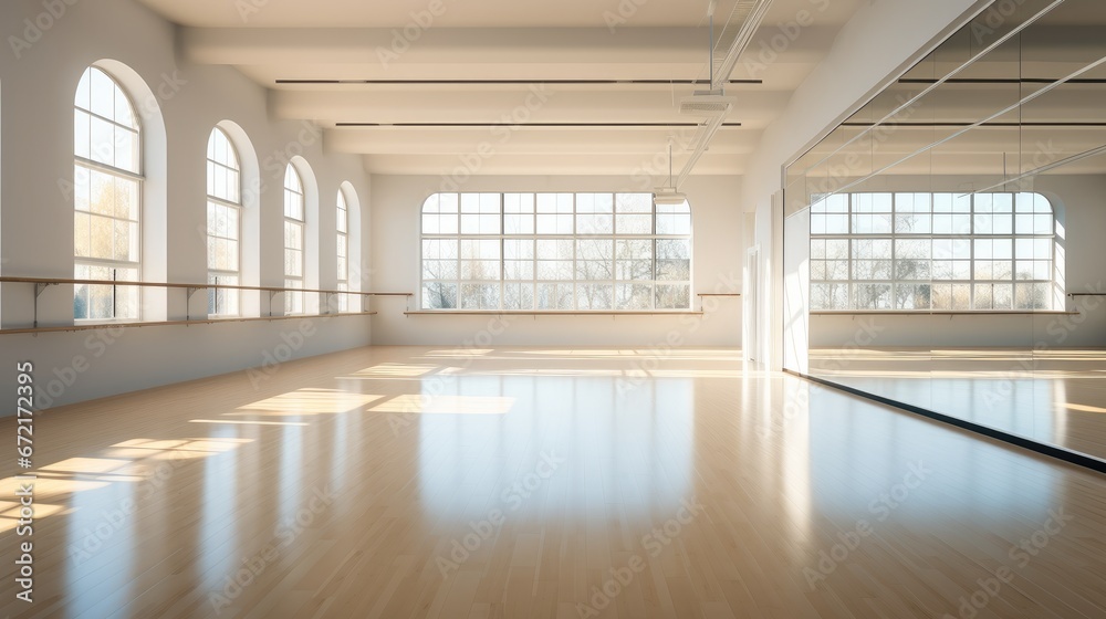 Poster large gym with windows for ballet classes.