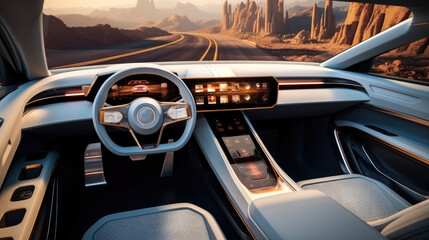 Interior of an SUV car in the future. - obrazy, fototapety, plakaty
