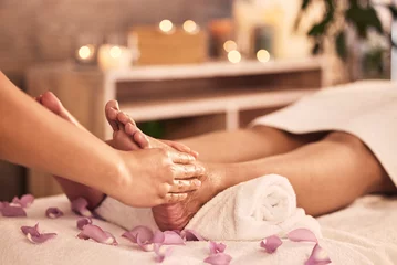 Papier Peint photo Lavable Salon de massage Reflexology, foot and hands massage at spa for acupressure treatment, zen wellness and circulation therapy. Closeup, feet and client at beauty salon for muscle detox, skincare and relax for pedicure