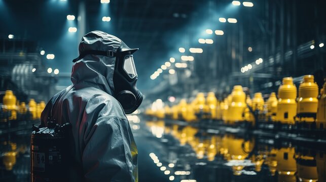 Risky job - worker in uniform at barrels with toxic waste. Ai generative