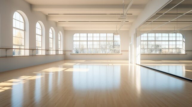 Large gym with windows for ballet classes.