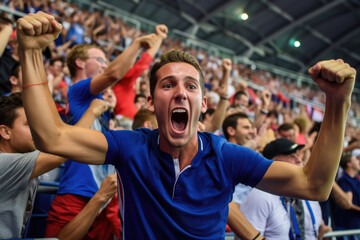 A football fan cheers for his team at the stadium