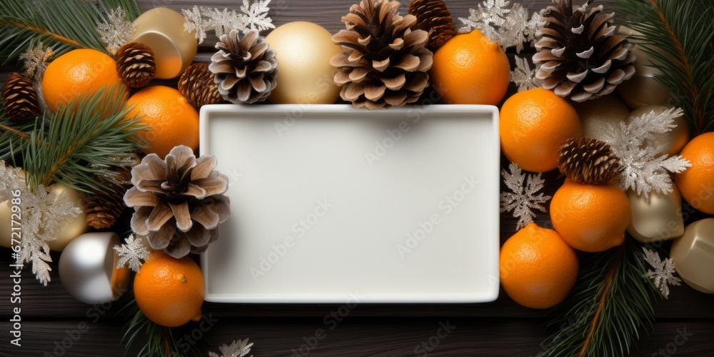 Wall mural Orange fruit and cones background, Christmas theme, AI generated