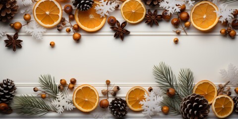 Orange fruit and cones background, Christmas theme, AI generated